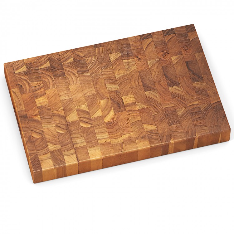 End grain cutting board made of solid teak wood, featuring hand grips for versatile kitchen tasks and a knife-friendly.