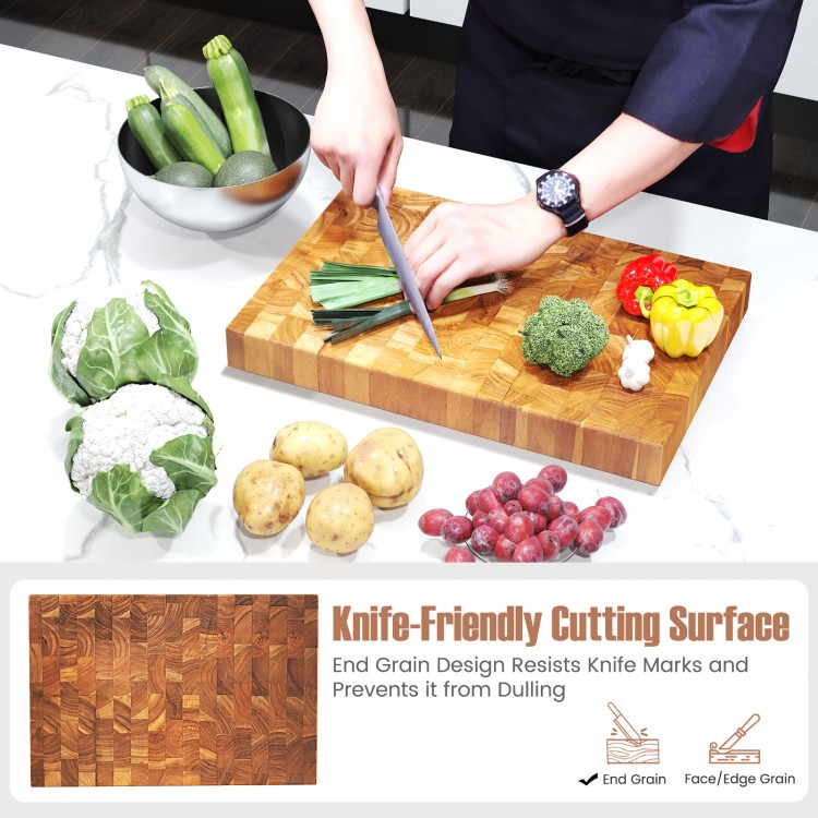 End grain cutting board made from solid teak wood, featuring a knife-friendly surface for versatile kitchen tasks.