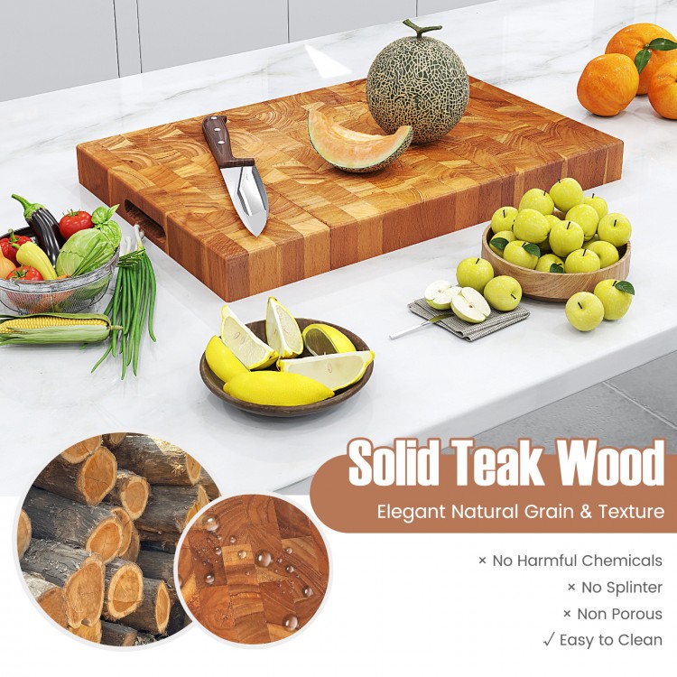 End grain cutting board made of solid teak wood with natural waxes, featuring hand grips for versatile kitchen tasks.