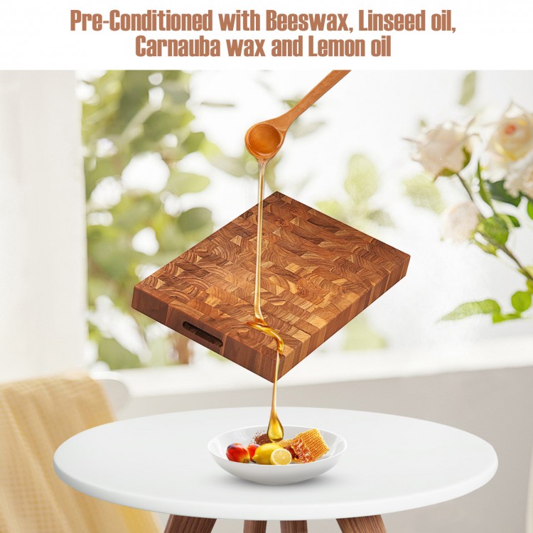 End grain cutting board made from solid teak wood, pre-conditioned with natural waxes and oils, ideal for versatile.