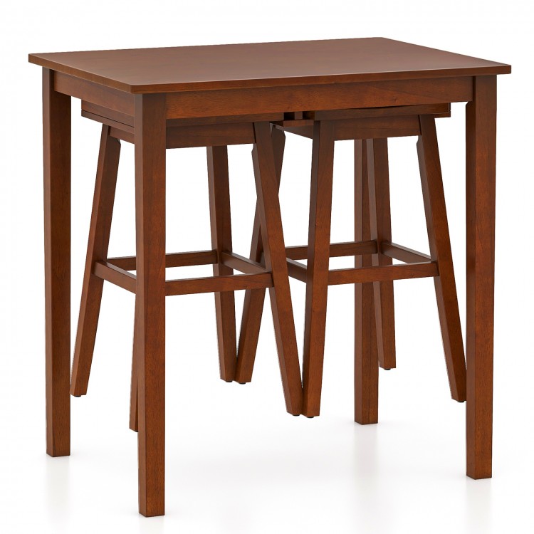 3-piece bar table set featuring an espresso pub table and 2 saddle stools, perfect for small spaces and dining.