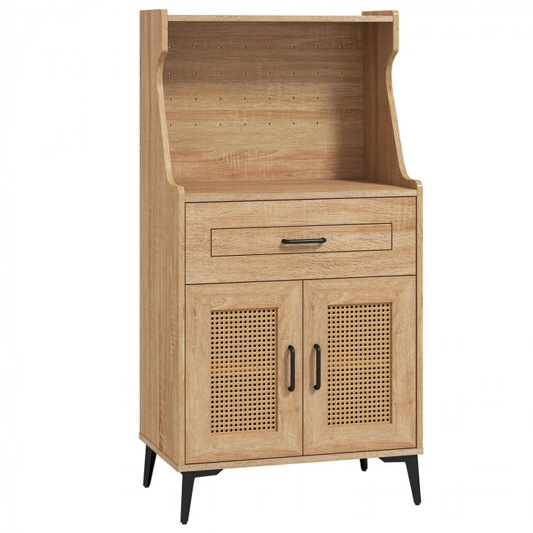Coffee bar cabinet in oak with rattan doors, storage drawer, and adjustable shelves for kitchen organization.