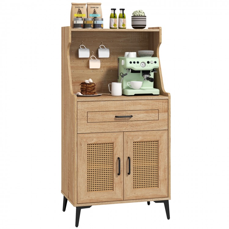 Coffee bar cabinet in oak with rattan doors, adjustable shelves, and pegboard for kitchen organization and storage.