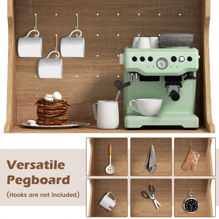 Coffee bar cabinet with pegboard, oak finish, adjustable shelves, and rattan doors for stylish kitchen storage.