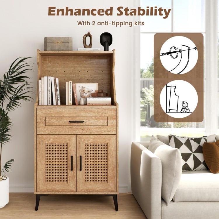 Coffee bar cabinet in oak with rattan doors, adjustable shelves, and anti-tipping kits for kitchen storage.
