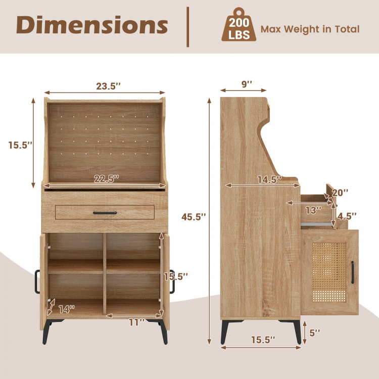 Coffee bar cabinet with pegboard, storage drawer, and adjustable shelves in oak finish, ideal for kitchen organization.