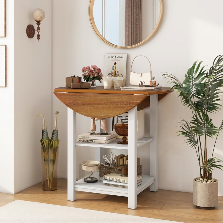 Folding round dining table showcasing a drop leaf design and elegant acacia wood veneer, ideal for compact living areas.