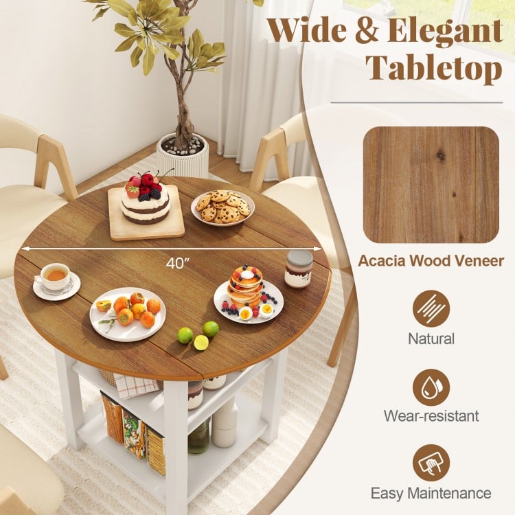 Folding round dining table with acacia wood veneer, featuring a 40" tabletop and two storage shelves for small spaces.