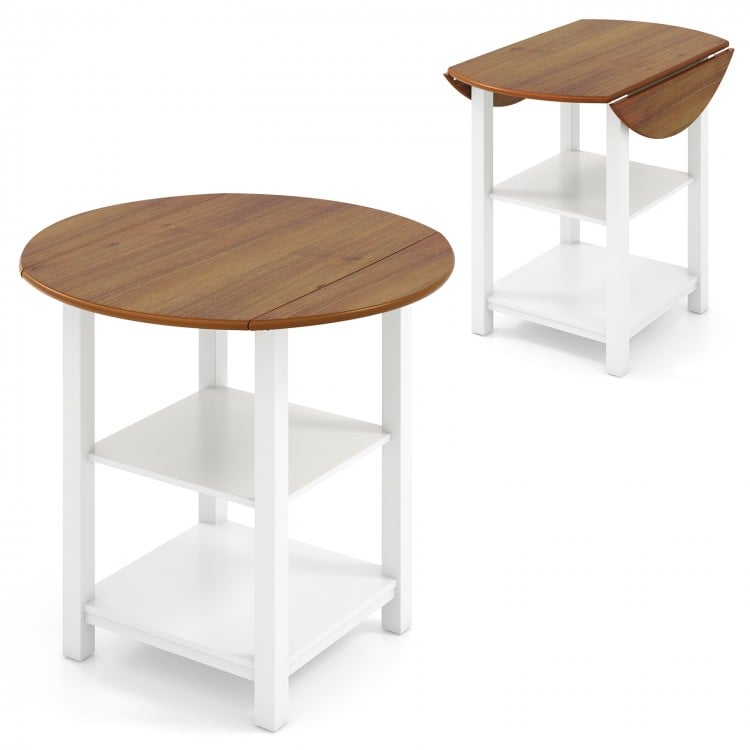 Folding round dining table with drop leaf design and two shelves, featuring acacia wood veneer for small spaces.