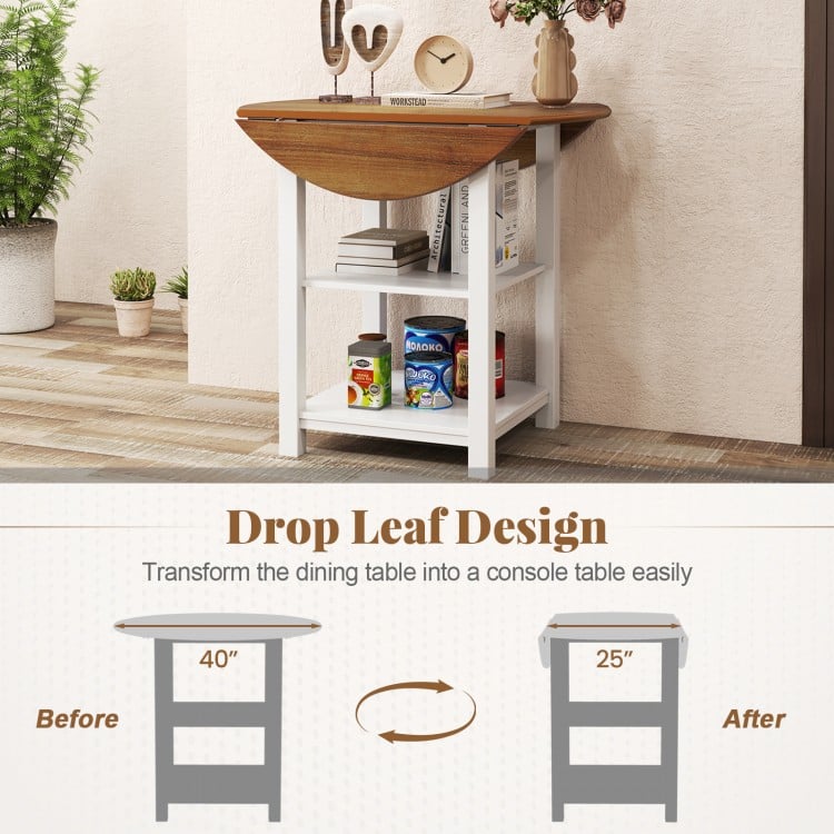 Folding round dining table with drop leaf design, acacia wood veneer, and 2 shelves for small spaces and versatile use.