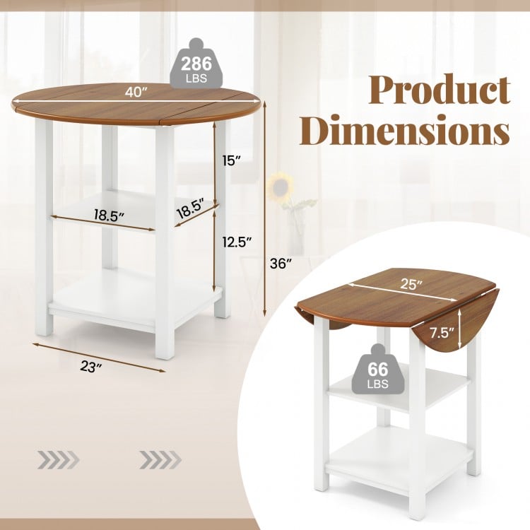 Folding round dining table with drop leaf design, acacia wood veneer, and 2 shelves for small spaces.