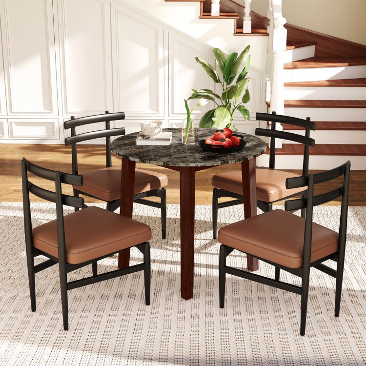 Round dining table with marble-textured veneer and rubber wood legs, perfect for dining and working in style.