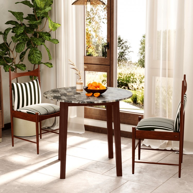 Round dining table with marble-textured veneer and rubber wood legs, perfect for dining and working in elegant spaces.