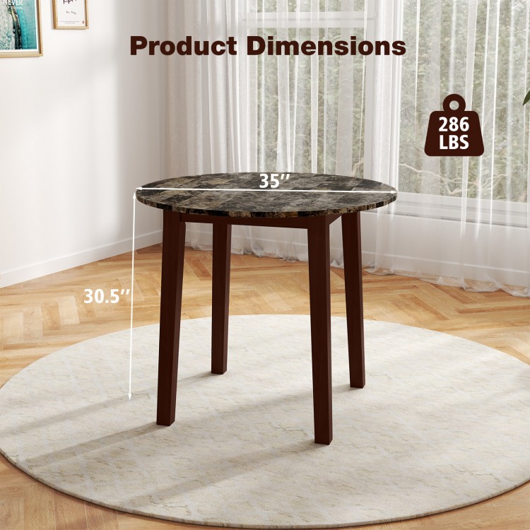 35-inch round dining table with brown rubber wood legs and marble-textured veneer, ideal for dining and workspace.