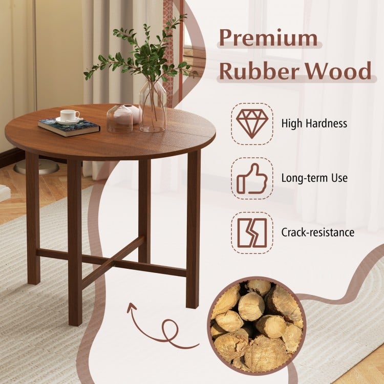 Walnut dual drop leaf dining table made of premium rubber wood, perfect for small spaces and accommodating 2-4 people.