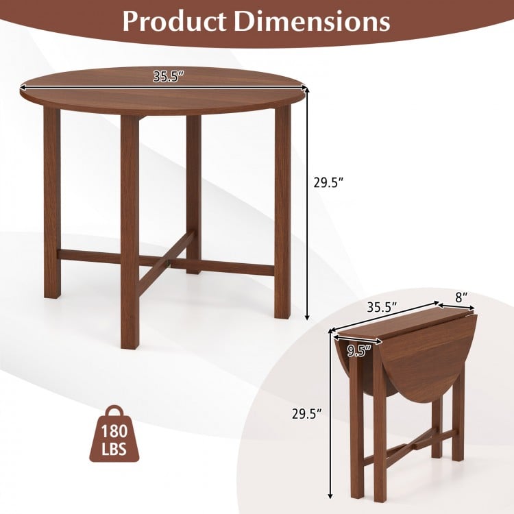 Round walnut dining table with dual drop leaf design, measuring 35.5" for small spaces, accommodating 2-4 people.