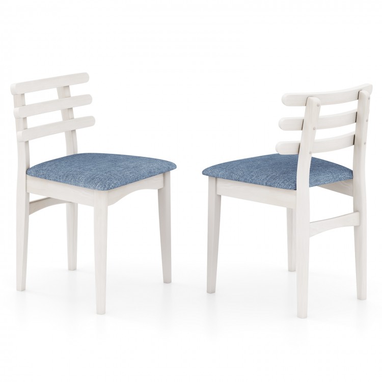 Two fabric kitchen side chairs with rubber wood frame and padded seats in white, ideal for dining or study use.