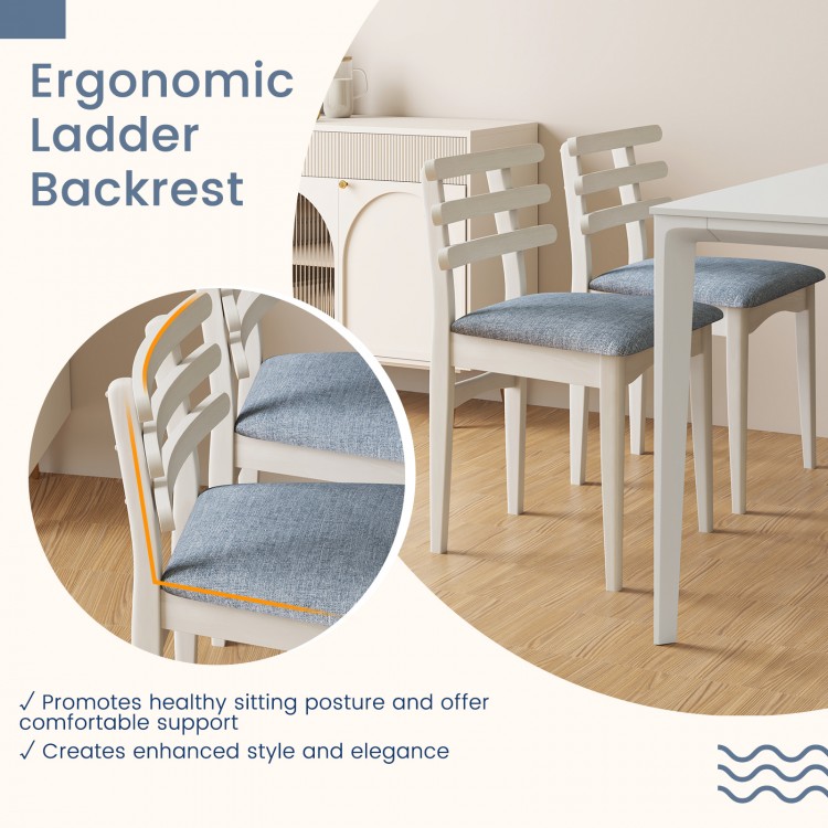 White fabric kitchen side chair with ergonomic ladder backrest and padded seat, ideal for dining and study spaces.