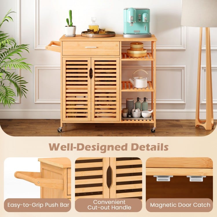 Kitchen island cart on wheels with sturdy bamboo frame, featuring a spacious top, drawer, and magnetic door catch for.