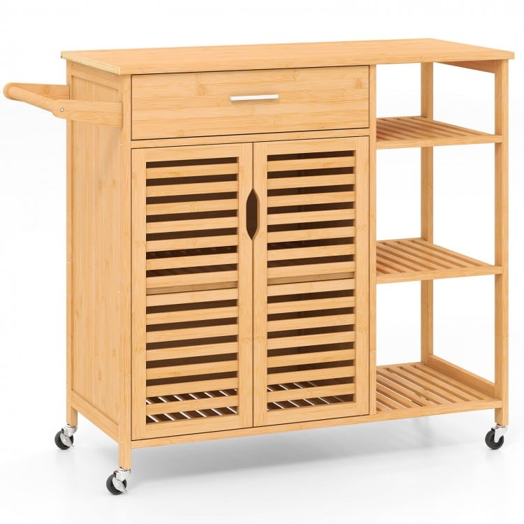 Bamboo kitchen island cart on wheels with drawer, cabinet, and shelves for versatile storage in any room.