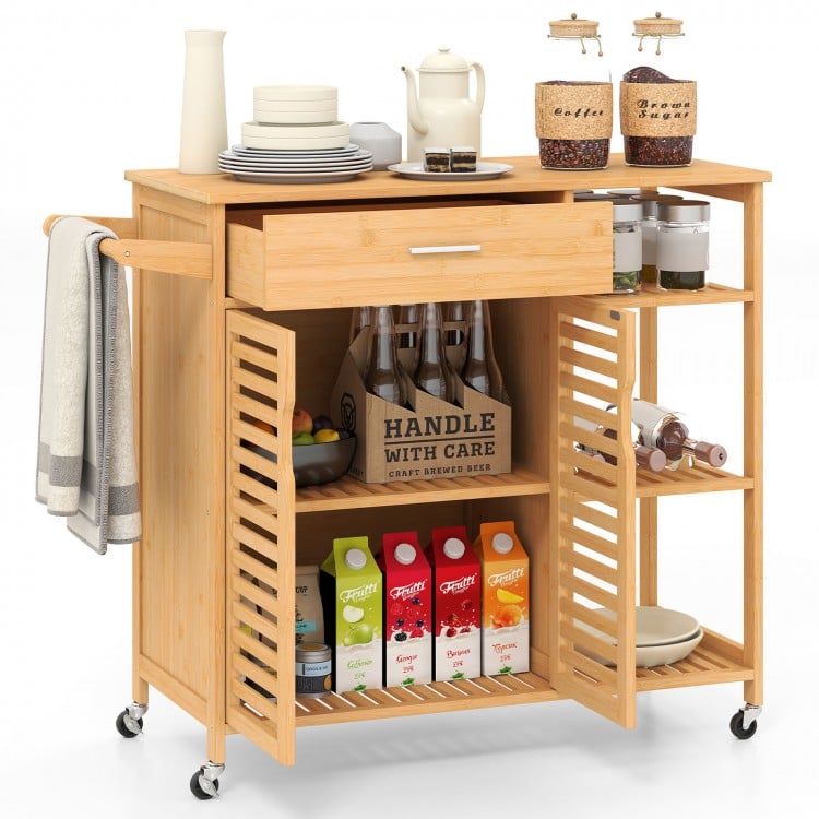 Bamboo kitchen island cart on wheels with drawer, shelves, and towel rack, ideal for versatile storage and mobility.