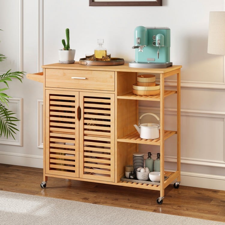 Bamboo kitchen island cart on wheels showcasing a towel rack, metal handles, and a lockable design for added safety.