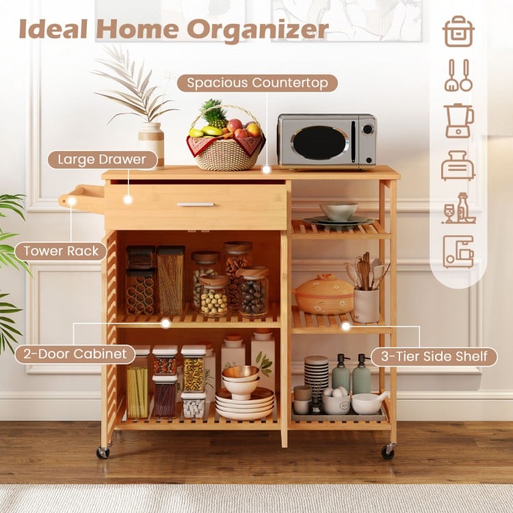Kitchen island cart on wheels with bamboo frame, featuring a spacious countertop, large drawer, and 3-tier side shelf.