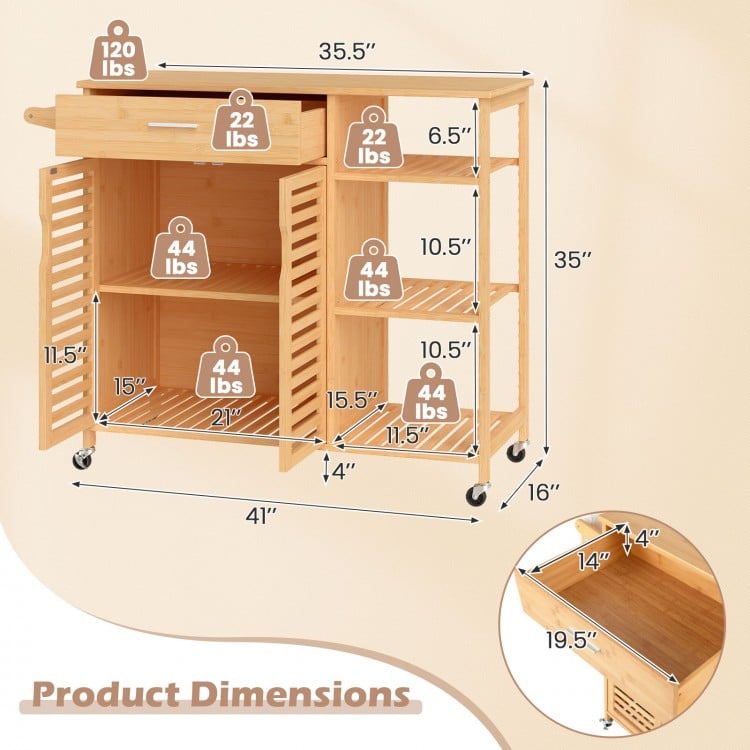 Kitchen island cart on wheels with bamboo frame, featuring a spacious top, drawer, and shelves for versatile storage.
