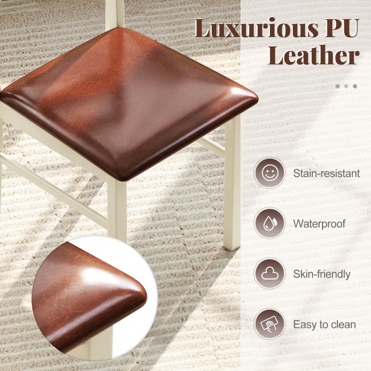 Close-up of a wooden dining chair seat in luxurious PU leather, stain-resistant and waterproof, ideal for kitchen use.