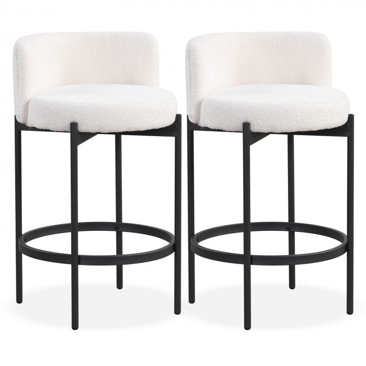 Set of 2 24-inch boucle counter stools with curved backrest, featuring soft sherpa fabric and sturdy metal frame for.