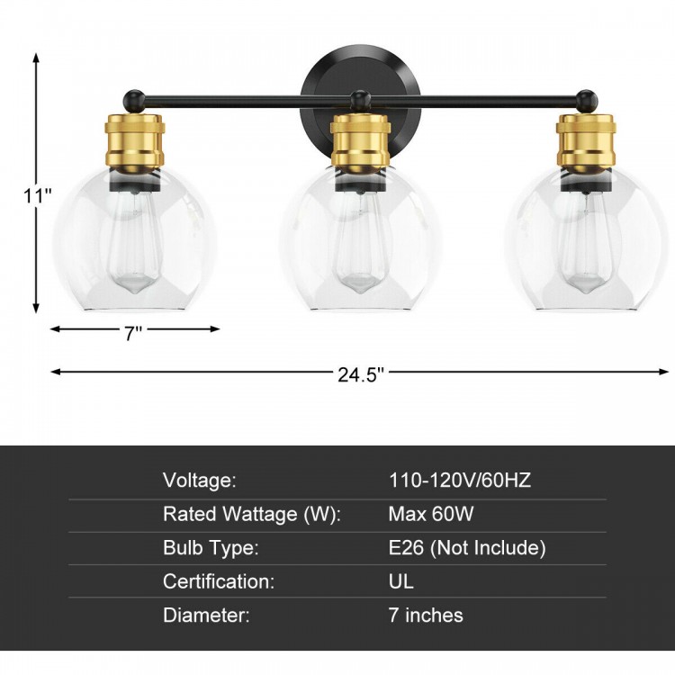Modern 3-light bubbled glass vanity light with black iron frame and golden sockets, ideal for bathroom or vanity decor.