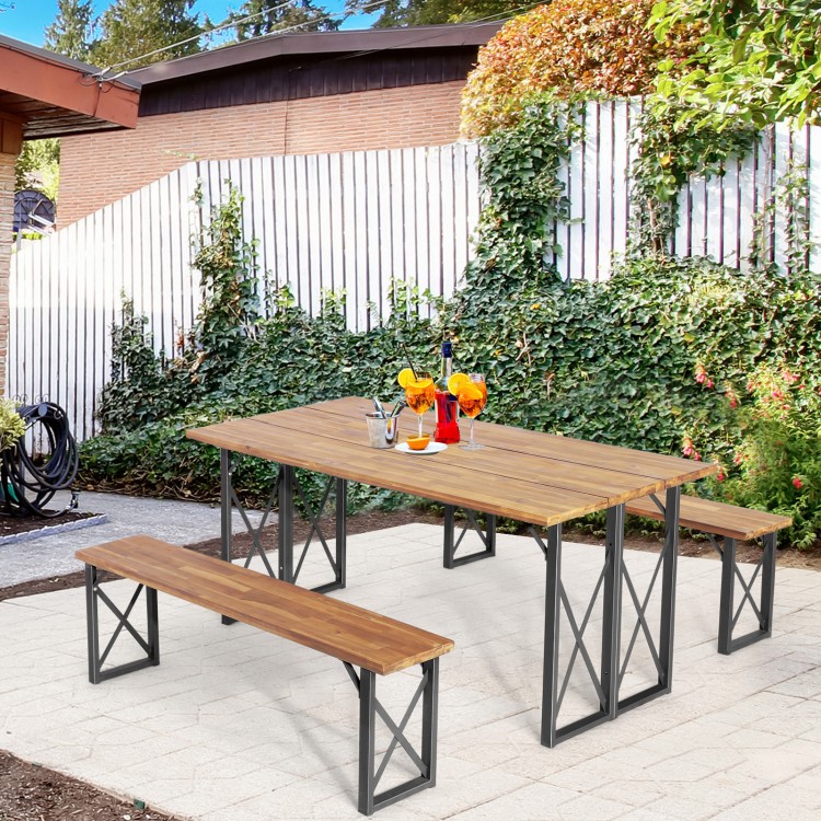 Outdoor patio dining table set with acacia wood top and metal frame, featuring two benches and a 2-inch umbrella hole.