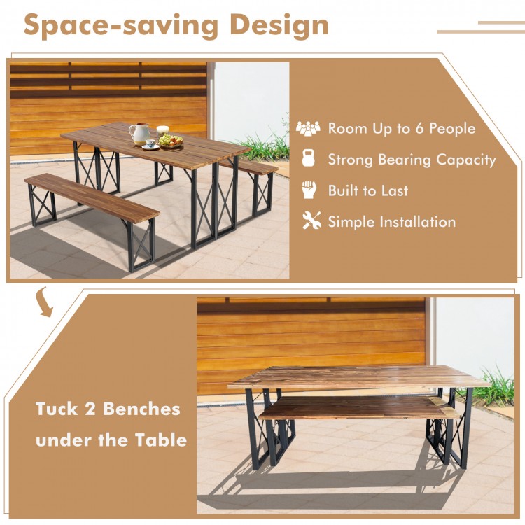 Outdoor patio dining table set with acacia wood, includes 2 benches, space-saving design, accommodates 6 people.