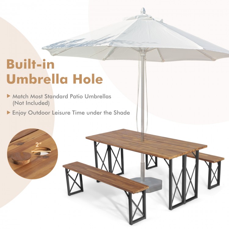 6-person outdoor patio dining table set with acacia wood, metal frame, and 2-inch umbrella hole for shade.