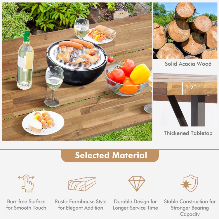 Outdoor patio dining table set made of solid acacia wood, featuring a thickened tabletop and 2-inch umbrella hole.