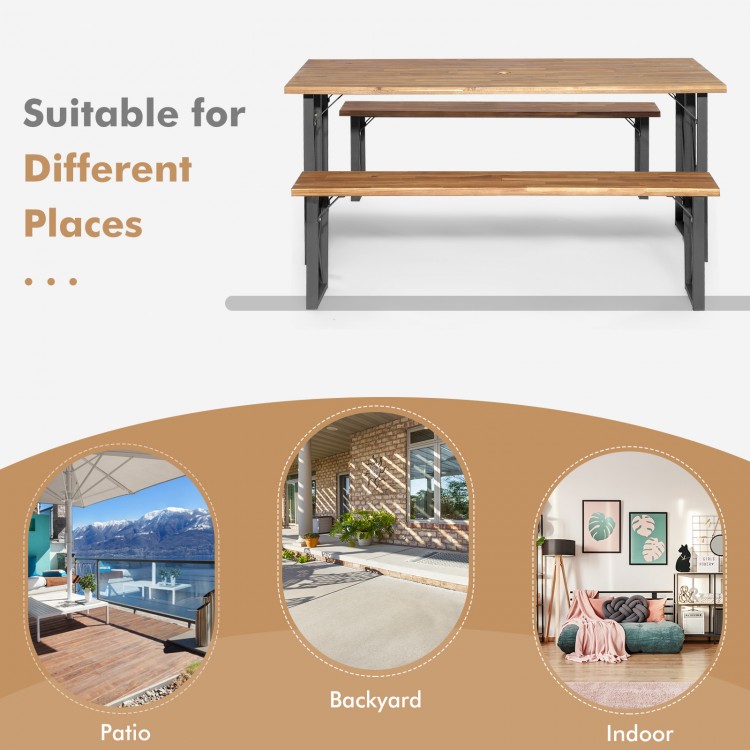 6-person outdoor patio dining table set with acacia wood top and metal frame, featuring a 2-inch umbrella hole for.