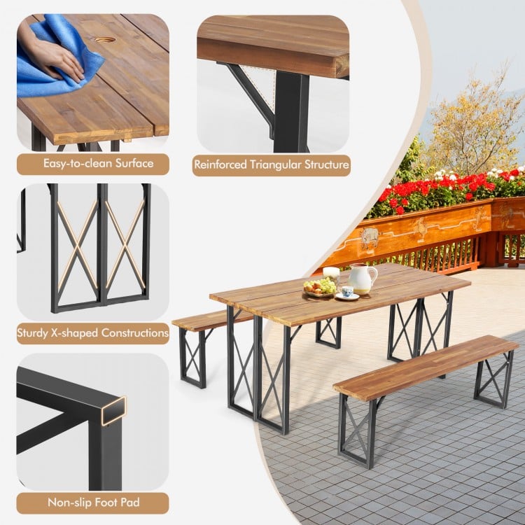 6-person outdoor patio dining table set featuring acacia wood, rustproof metal frame, and reinforced triangular.