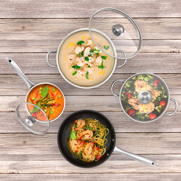 7-piece stainless steel cookware set featuring a non-stick fry pan and pots with tempered glass lids for versatile.