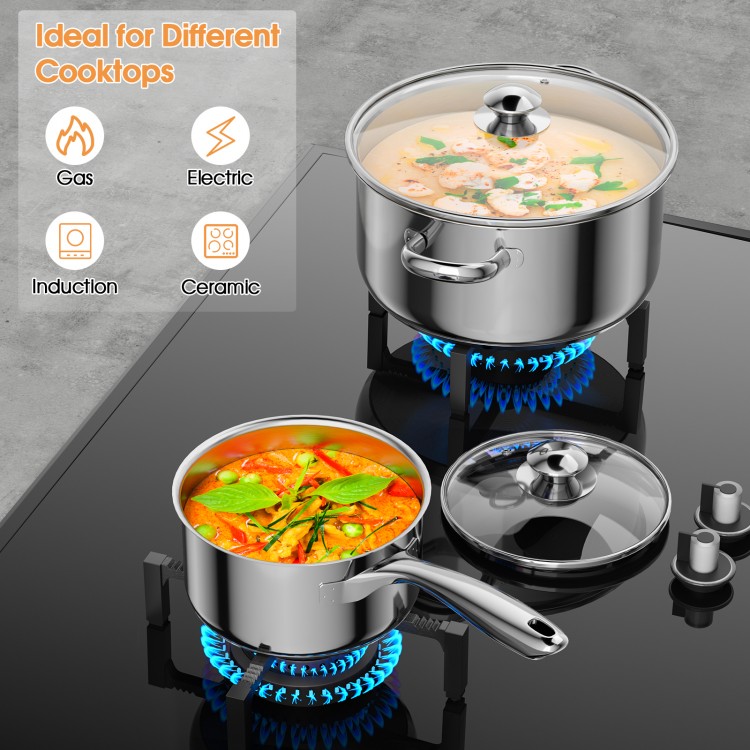 Stainless steel cookware set featuring two pots with tempered glass lids, suitable for gas, electric, and induction.