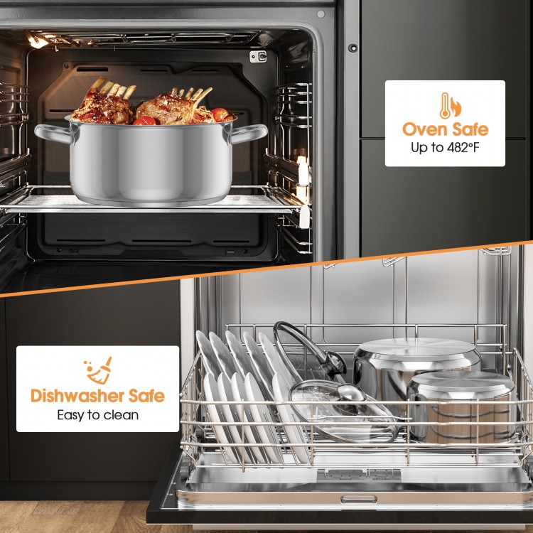 7-piece stainless steel cookware set featuring oven-safe pots and dishwasher-safe design for easy cleaning.