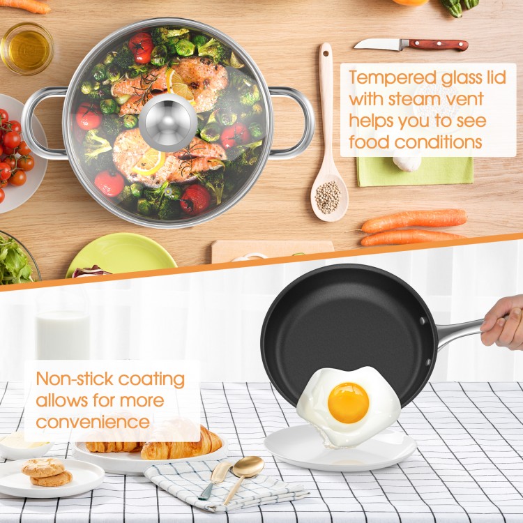 Non-stick frying pan with egg, part of a 7-piece stainless steel cookware set, featuring a tempered glass lid for.