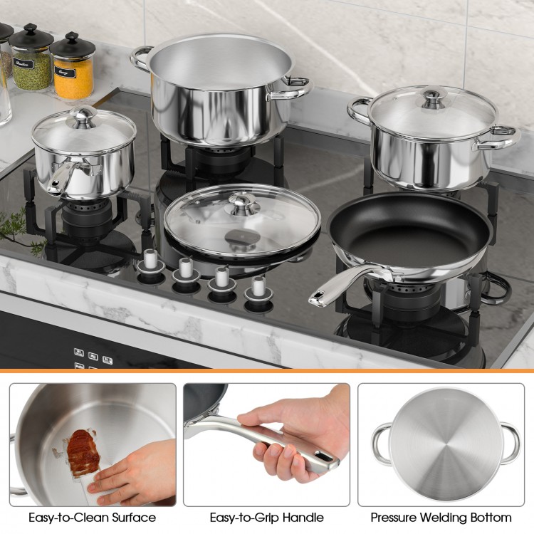 7-piece stainless steel cookware set featuring a non-stick fry pan and tempered glass lid for versatile cooking.
