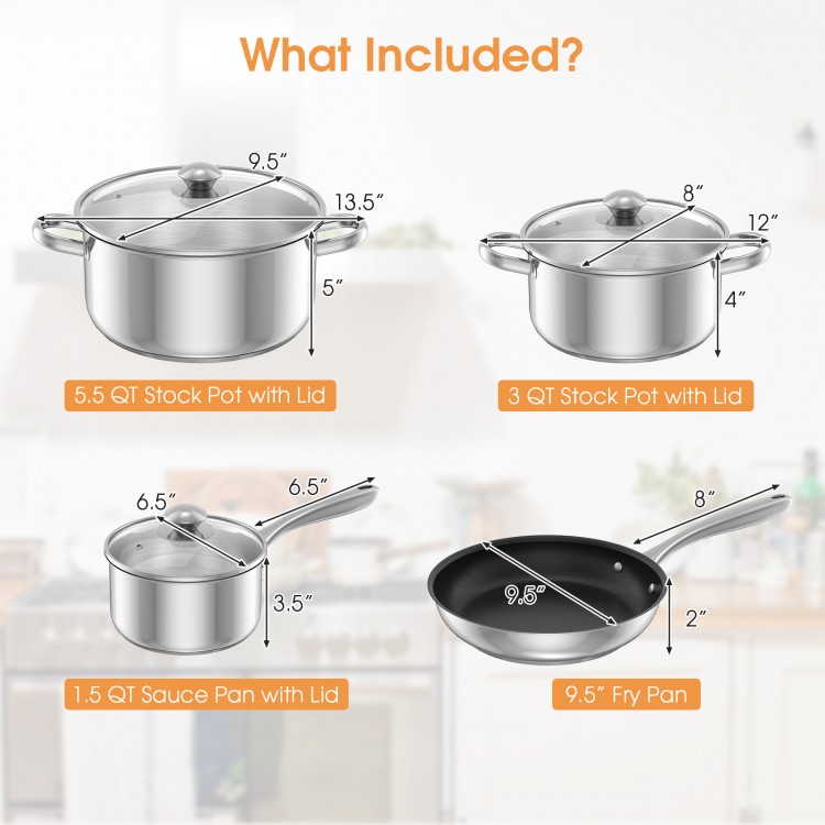 7-piece stainless steel cookware set including a 5.5 QT stock pot, 3 QT stock pot, 1.5 QT saucepan, and 9.5" fry pan.