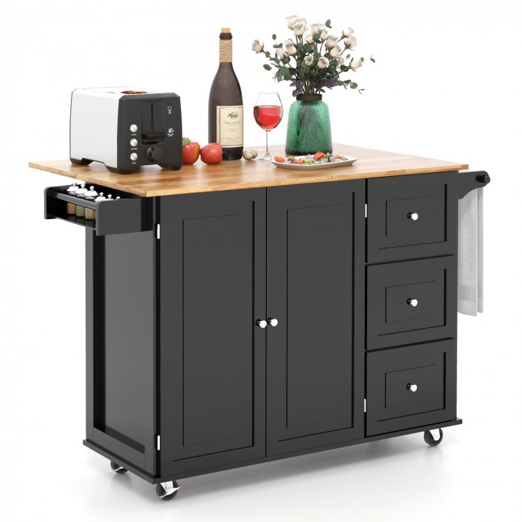 Kitchen island trolley cart with a wood countertop, storage cabinets, and wheels for easy mobility, perfect for.