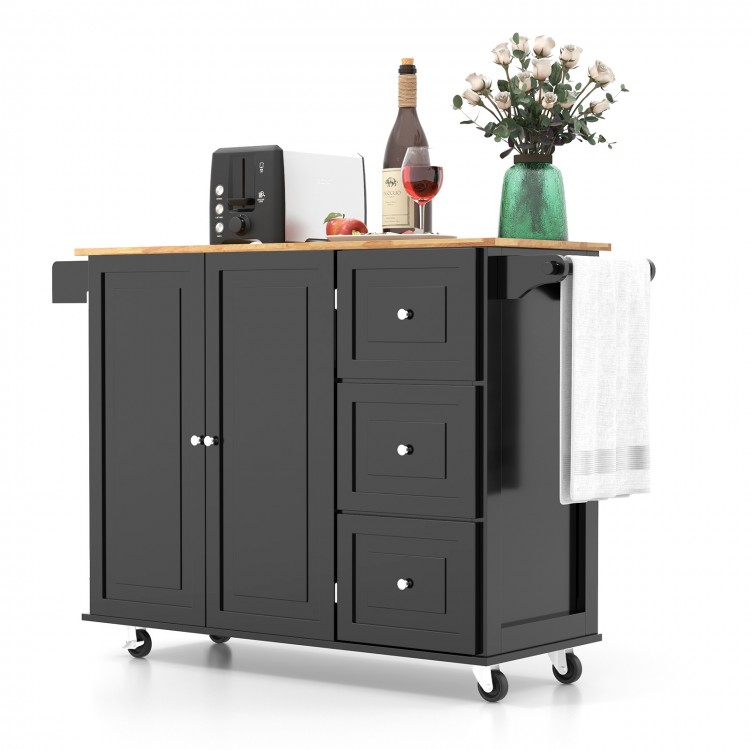 Falling Leaf kitchen island trolley cart with wood countertop, 3 drawers, and towel rack for convenient storage and.