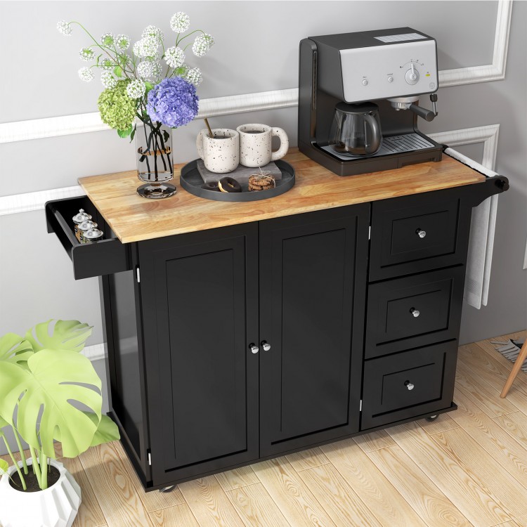 Falling Leaf kitchen island trolley cart with wood countertop, black storage cabinet, and spice rack for organized.