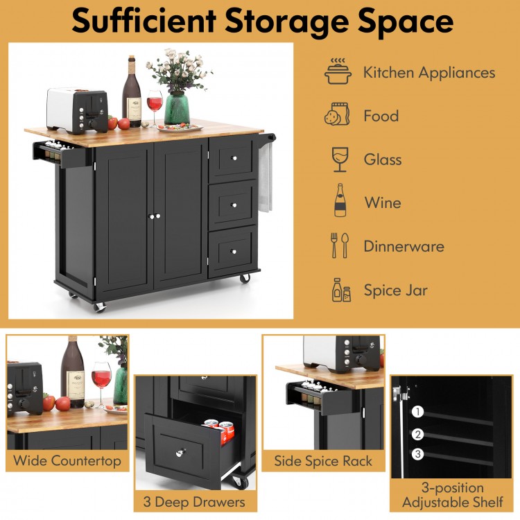 Falling Leaf Kitchen Island Trolley Cart with drop-leaf countertop, 3 drawers, and side spice rack for organized.