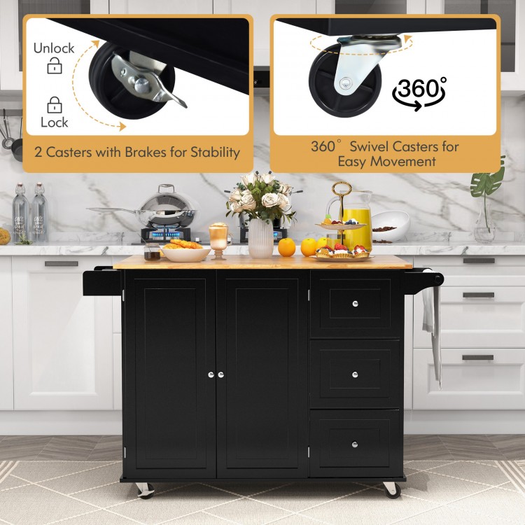 Falling Leaf Kitchen Island Trolley Cart with drop-leaf countertop, 3 drawers, and 360° swivel casters for easy.