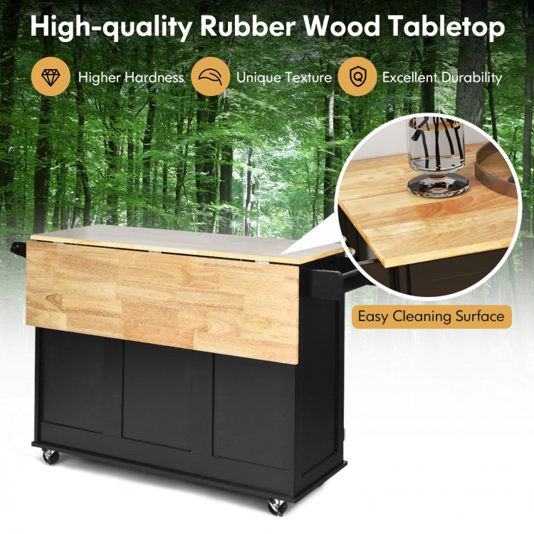 Rubber wood tabletop of the Falling Leaf Kitchen Island Trolley Cart, featuring a drop-leaf design for versatile.