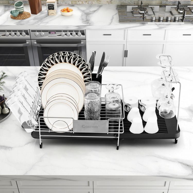 Stainless steel expandable dish rack with drainboard, featuring adjustable length and removable cutlery holder for.